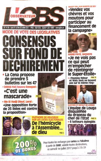 LA UNE DE L'OBSERVATEUR DE CE WEEK-END