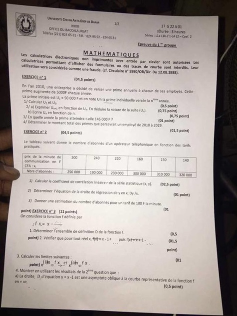Voici la supposée épreuve de Maths sur laquelle devraient plancher les candidats au Bac, cet après-midi