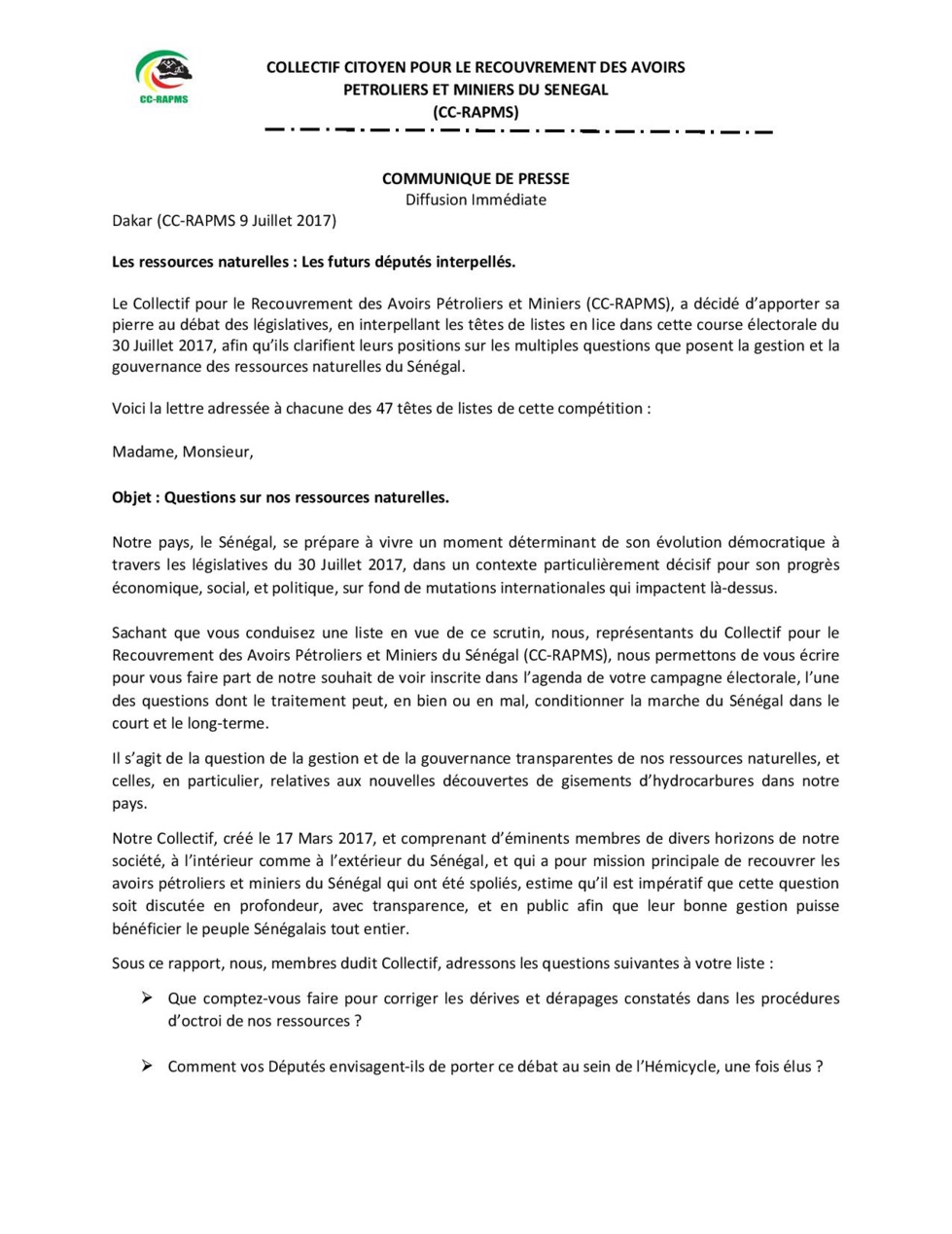 Communiqué du ​Collectif Citoyen pour le Recouvrement des Avoirs Pétroliers et Miniers du Sénégal (CC‐RAPMS)