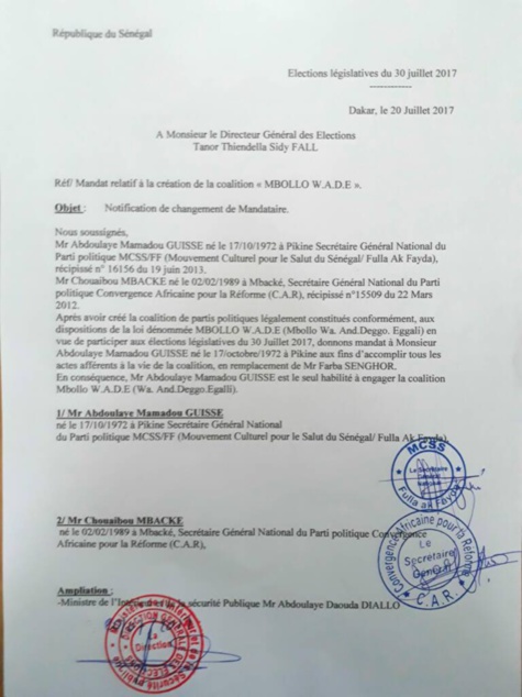Coup de théâtre : Farba Senghor destitué de la tête de la coalition « Mbollo Wade »: (Document)