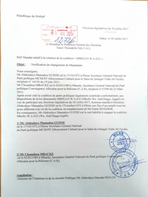 Coup de théâtre : Farba Senghor destitué de la tête de la coalition « Mbollo Wade »: (Document)