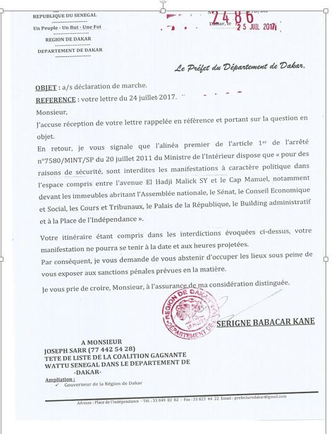 Voici la lettre du Préfet de Dakar, "interdisant" la marche de Me Wade