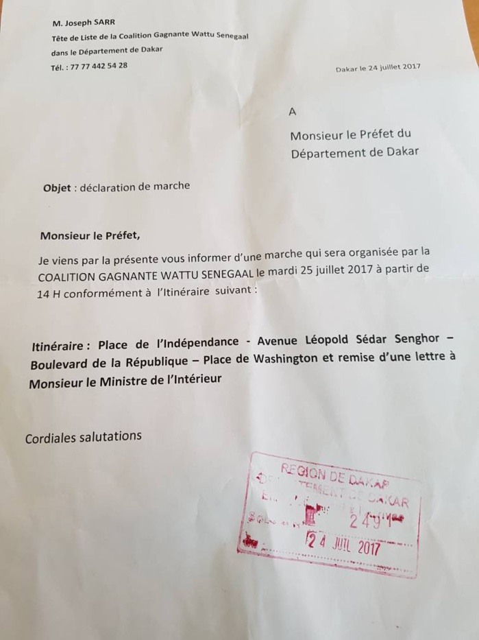 Le Préfet de Dakar interdit la marche de Me Abdoulaye Wade (document)
