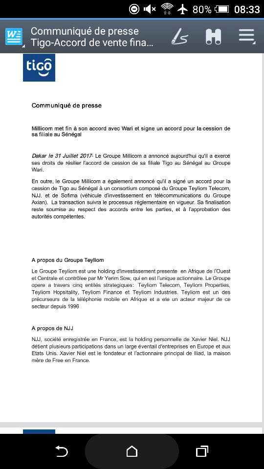 Millicom vient d'annuler de rachat de sa filiale sénégalaise Tigo par le groupe Wari (document)