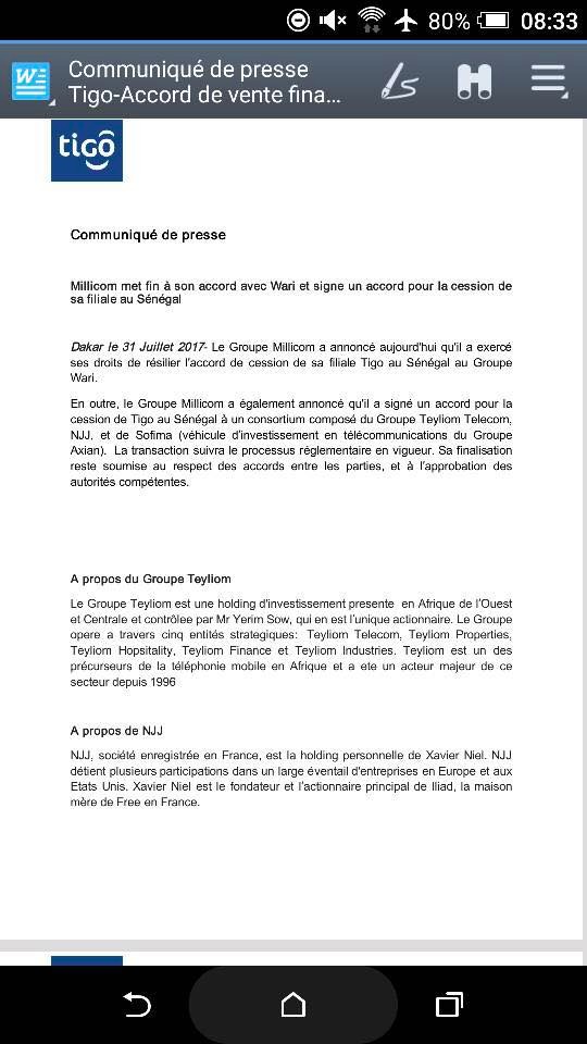 Millicom vient d'annuler de rachat de sa filiale sénégalaise Tigo par le groupe Wari (document) Millicom vient d'annuler de rachat de sa filiale sénégalaise Tigo par le groupe Wari (document)