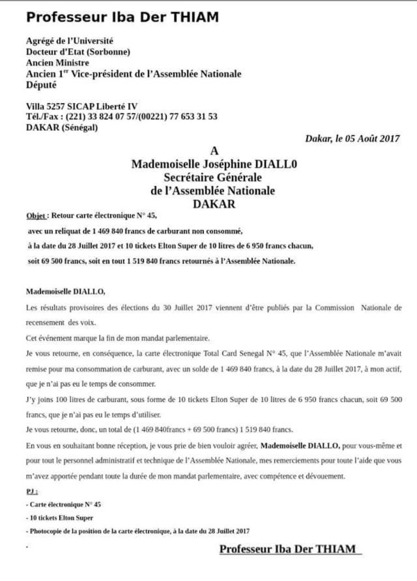 Iba Der Thiam rend le reste de sa dotation en carburant d’une valeur de 1,5 million