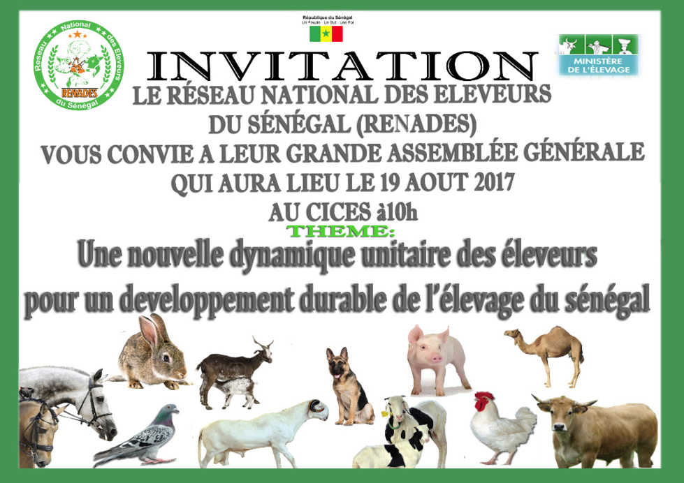 Le Réseau National des Éleveurs du Sénégal (RENADES) vous convie à leur grande assemblée génégarale qui aura lieu le 19 août au CICES à 10h