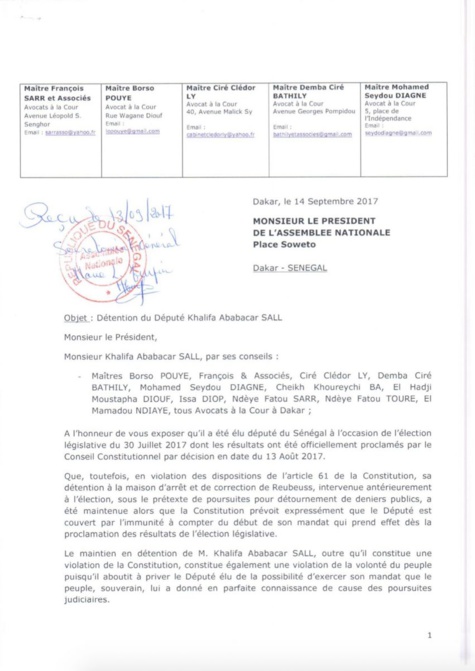 Khalifa Sall écrit au président de l'Assemblée nationale et au président de l'Assemblée générale (Documents)