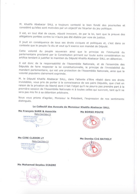 Khalifa Sall écrit au président de l'Assemblée nationale et au président de l'Assemblée générale (Documents)
