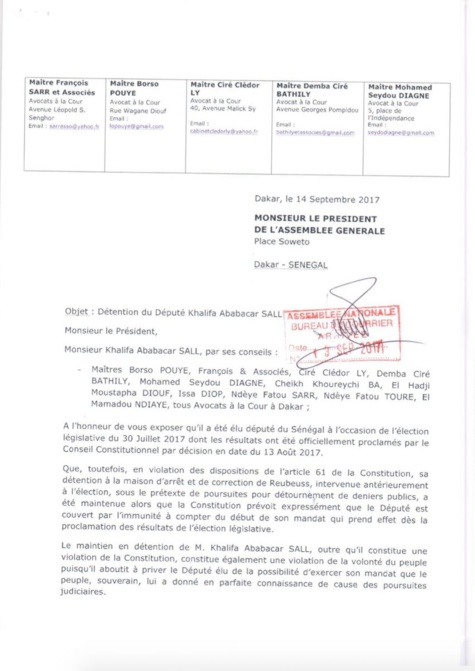 Khalifa Sall écrit au président de l'Assemblée nationale et au président de l'Assemblée générale (Documents)