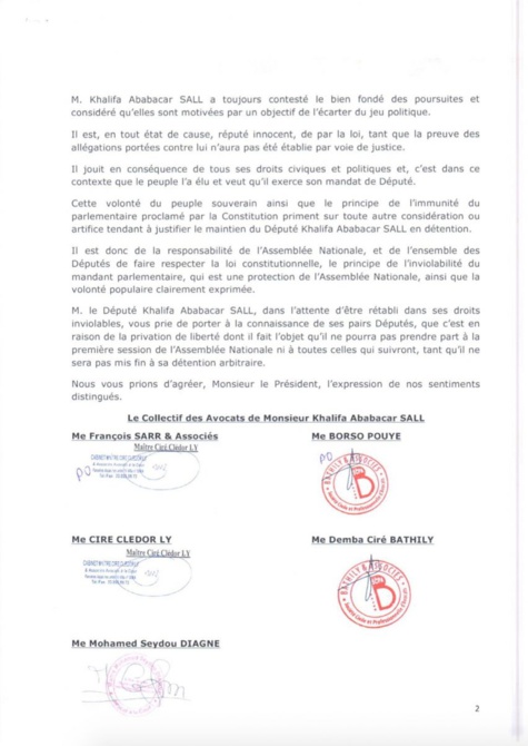 Khalifa Sall écrit au président de l'Assemblée nationale et au président de l'Assemblée générale (Documents)