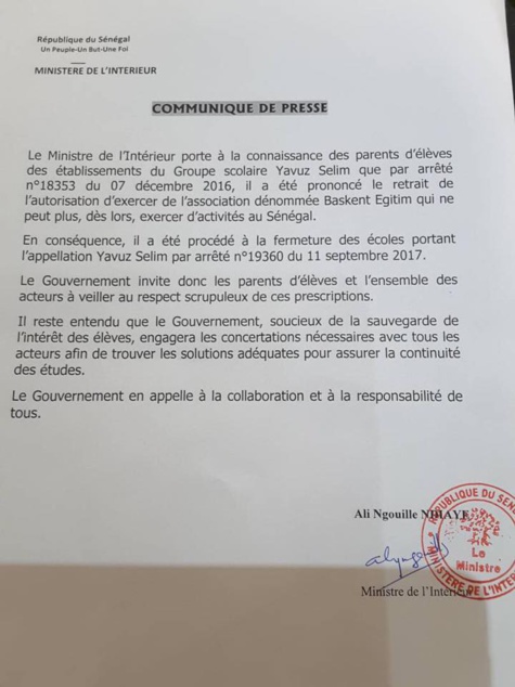 Urgent: L'Etat procède à la fermeture des écoles portant l'appellation YAVUZ SELIM (Document)