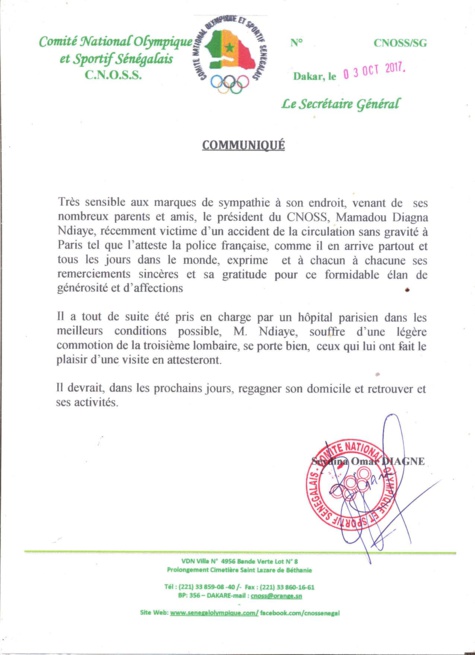 Accident à Paris :  Diagna Ndiaye, souffrant d'une légère commotion de la troisième lombaire, va mieux et remercie les Sénégalais pour leur compassion 