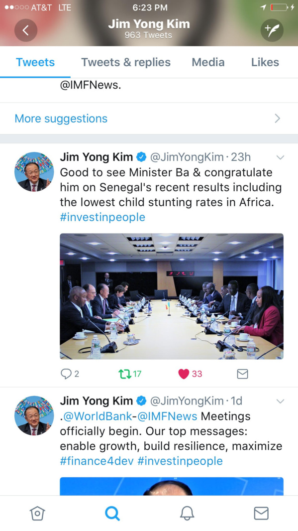 Twitter : Amadou Bâ félicité par Jim Yong Kim, le président de la Banque mondiale pour les performances économiques récentes du Sénégal incluant le plus faible taux de retard de croissance chez l'enfant en Afrique.