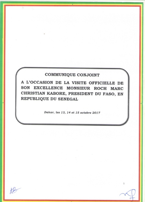 Le communiqué conjoint à l'issue de la visite officielle au Sénégal de SEM Roch Marc Christian KABORE au Sénégal