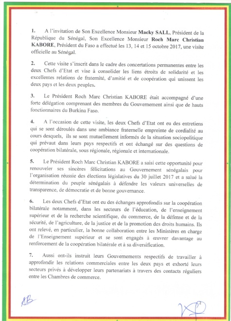 Le communiqué conjoint à l'issue de la visite officielle au Sénégal de SEM Roch Marc Christian KABORE au Sénégal
