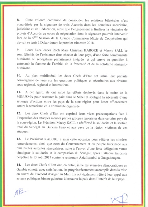 Le communiqué conjoint à l'issue de la visite officielle au Sénégal de SEM Roch Marc Christian KABORE au Sénégal