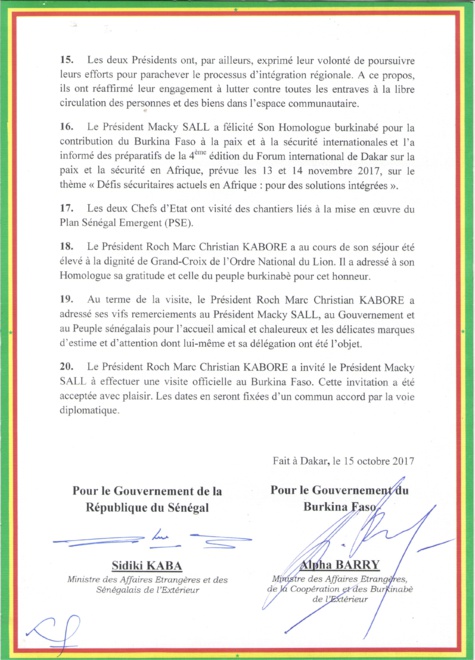 Le communiqué conjoint à l'issue de la visite officielle au Sénégal de SEM Roch Marc Christian KABORE au Sénégal