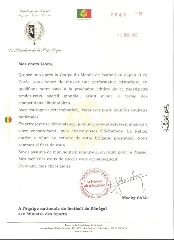 Coupe du monde : Le Président de la République Macky Sall félicite les "Lions"
