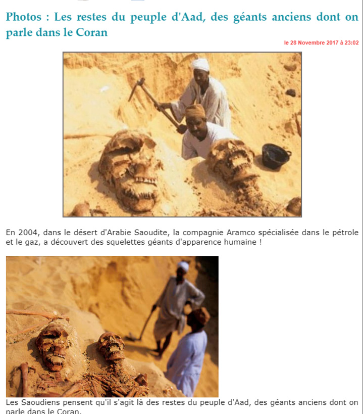 Des squelettes géants découverts en Arabie Saoudite ? Faux, des photomontages Des squelettes géants découverts en Arabie Saoudite ? Faux, des photomontages