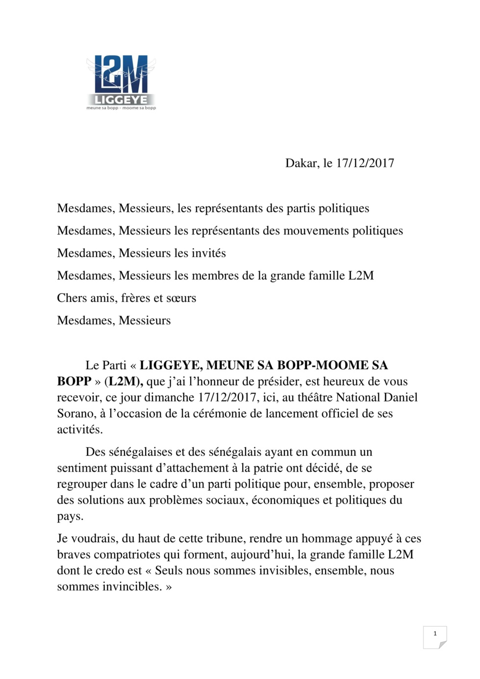 Cérémonie de lancement des activités du parti L2M:  Discours du Président Ibou Yagou Ndiaye (Intégral)