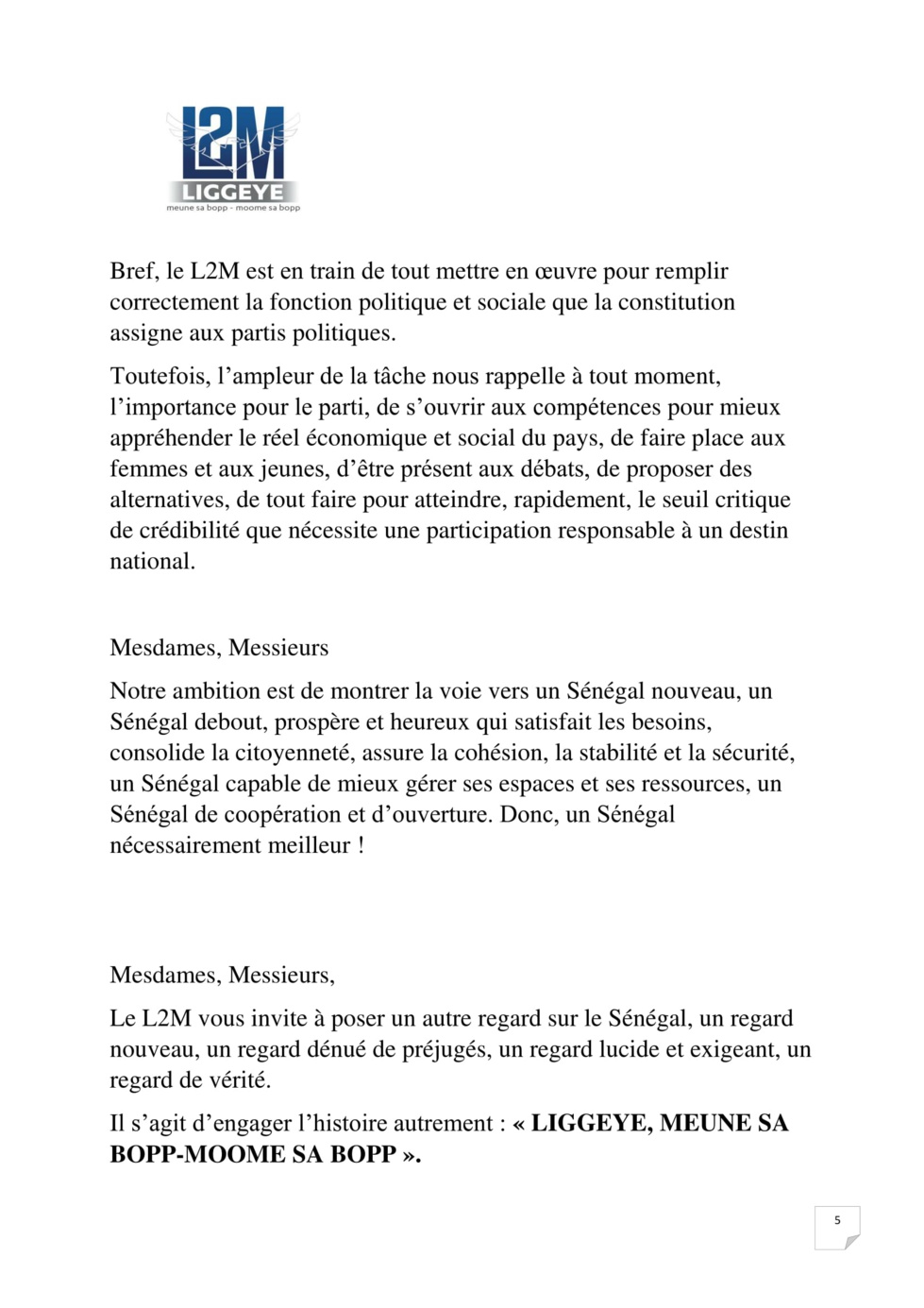 Cérémonie de lancement des activités du parti L2M:  Discours du Président Ibou Yagou Ndiaye (Intégral)