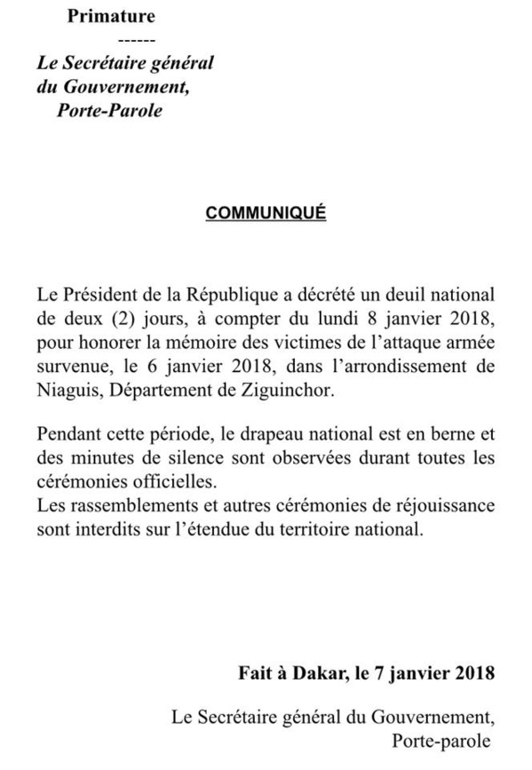 Massacre de Ziguinchor: Le Président de la République a décrété un deuil national de 2 jours à compter du lundi 08 janvier