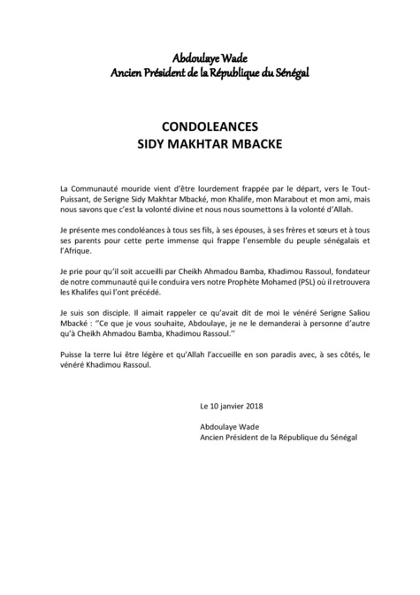 Disparition de Cheikh Sidy Makhtar Mbacké: Me Wade présente ses condoléances et envoie une délégation à Touba