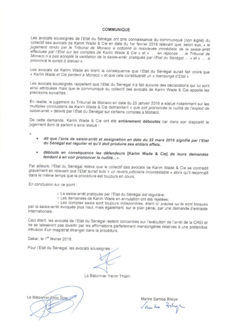« Karim Wade et Cie ont été entièrement déboutés par le Tribunal de Monaco » persistent et signent les avocats de l’Etat du Sénégal  