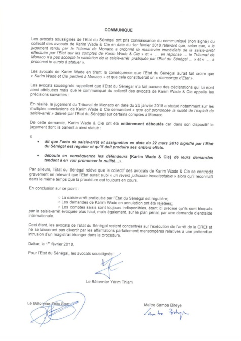 « Karim Wade et Cie ont été entièrement déboutés par le Tribunal de Monaco » persistent et signent les avocats de l’Etat du Sénégal  