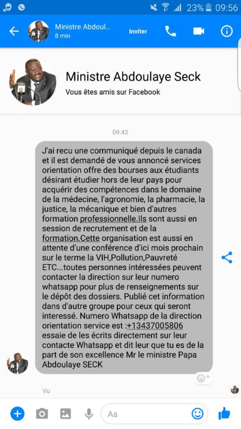 Alerte : un faux message du ministre Abdoulaye Seck circule sur Facebook