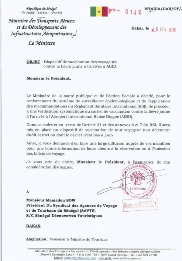 Maïmouna Ndoye Seck ordonne la suspension de la vérification systématique du carnet de vaccination contre la fièvre jaune à l’AIBD Maïmouna Ndoye Seck ordonne la suspension de la vérification systématique du carnet de vaccination contre la fièvre jaune à l’AIBD