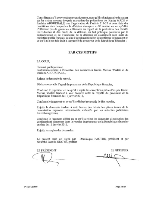 EXCLUSIF Karim Wade : l'intégralité de la décision Cour d'Appel de Paris