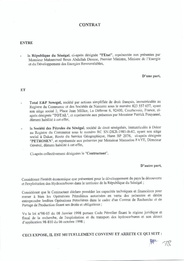 Contrat de recherche et de partage de production d'hydrocarbure " Rufisque Offshore" entre l'Etat du Sénégal et Total (Part 1)