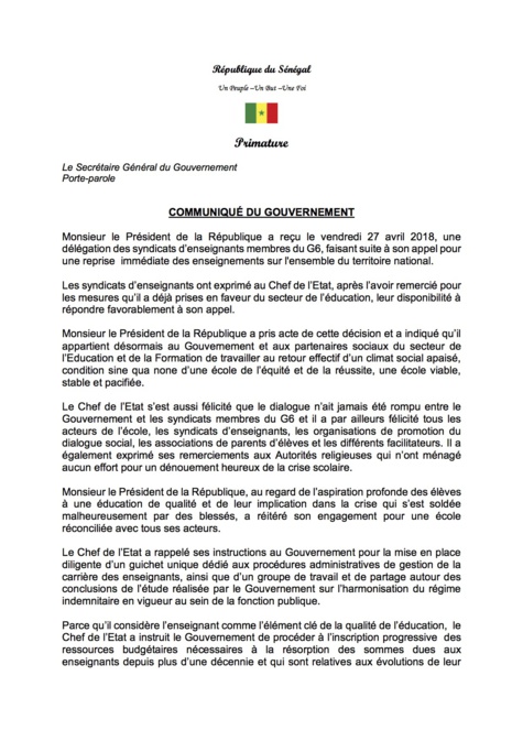 Documents - Le G 6 décide de suspendre son mot d’ordre : Dénouement de la crise scolaire, Macky Sall sauve le Sénégal d’une année blanche