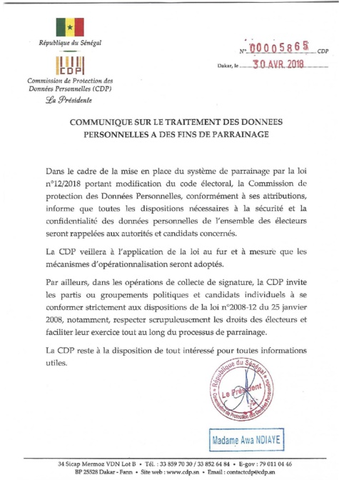 Parrainage et protection des données personnelles : Awa Ndiaye donne des garanties de sécurité et de confidentialité 