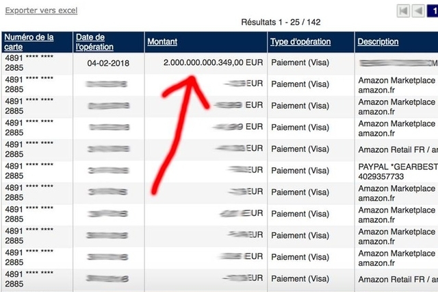 Il découvre deux mille milliards d'euros sur sa carte Visa