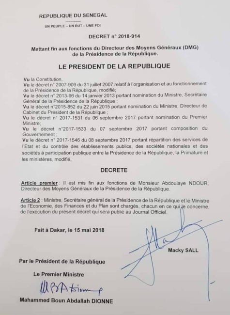 Macky Sall met fin aux fonctions d'Abdoulaye Ndour, le Directeur des moyens gÃ©nÃ©raux (DMG) de la PrÃ©sidence de la RÃ©publique