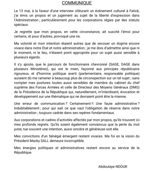 Viré du Palais, Abdoulaye Ndour regrette ses propos et jure fidélité à Macky Sall Viré du Palais, Abdoulaye Ndour regrette ses propos et jure fidélité à Macky Sall