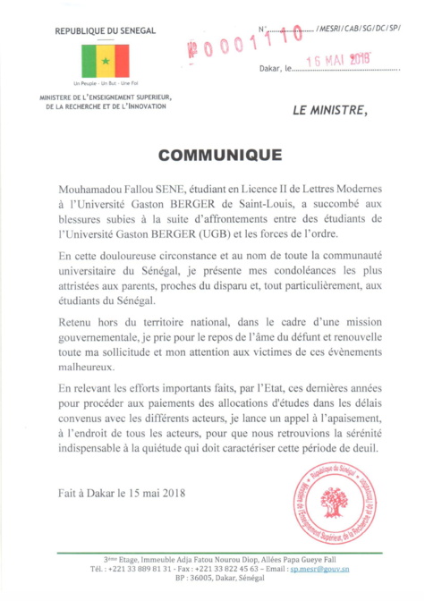 Manifestations dans les Universités: Mary Teuw Niane lance un appel au calme ( Communiqué)