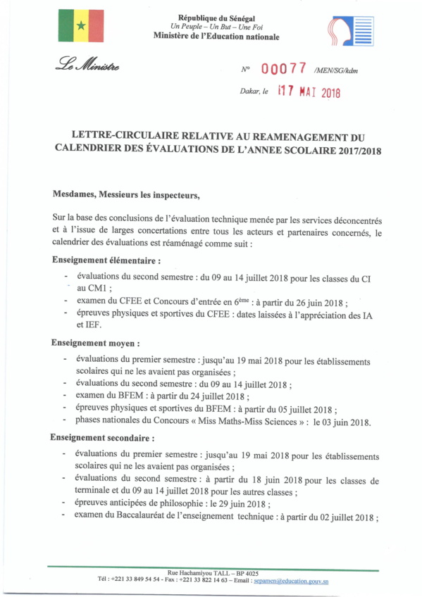 Lettre circulaire relative au réaménagement du calendrier des évaluations de l'année scolaire 2017/2018 Lettre circulaire relative au réaménagement du calendrier des évaluations de l'année scolaire 2017/2018