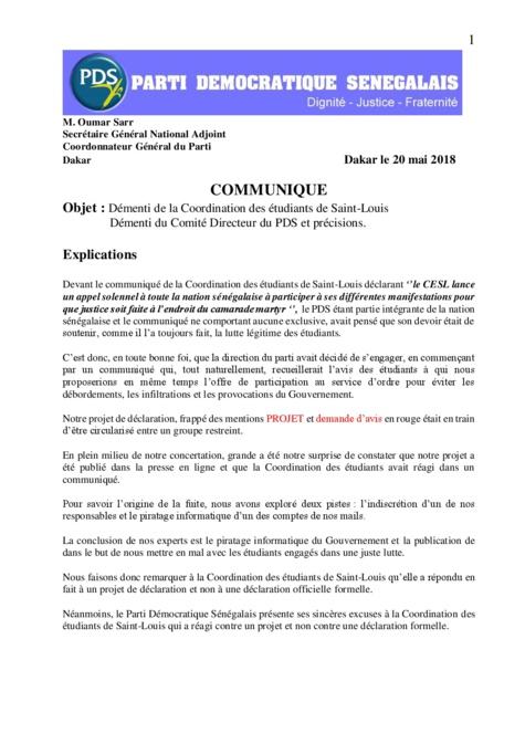Démenti des étudiants de Saint-Louis, le Pds apporte des précisons et accuse le gouvernement de piratage de piratage informatique Démenti des étudiants de Saint-Louis, le Pds apporte des précisons et accuse le gouvernement de piratage de piratage informatique