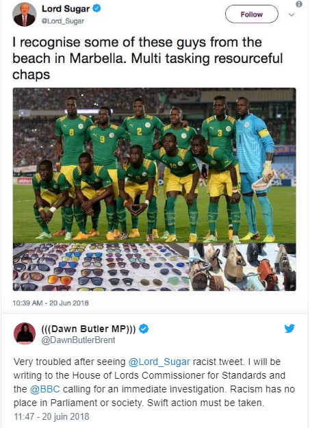 Racisme : Polémique politique en Angleterre avec un tweet raciste sur le Sénégal