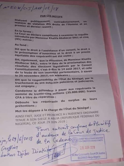 Khalifa Sall gagne son procès contre l'État du Sénégal devant la Cour de justice de la Cedeao (document)