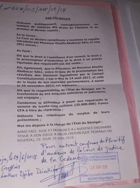 Khalifa Sall gagne son procès contre l'État du Sénégal devant la Cour de justice de la Cedeao (document)
