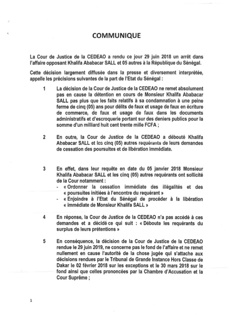 Affaire Khalifa Sall: Les précisions de l'Etat du Sénégal sur la décision de la Cour de Justice de la Cedeao (documents)