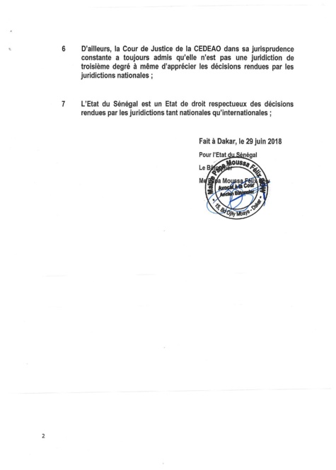 Affaire Khalifa Sall: Les précisions de l'Etat du Sénégal sur la décision de la Cour de Justice de la Cedeao (documents)