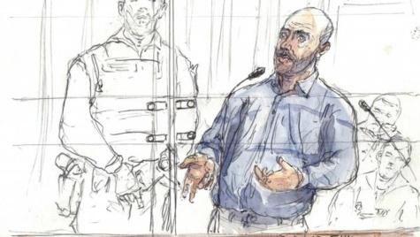 Croquis d'audience qui montre Redoine Faïd devant la cour d'assises de Paris, le 2 mars 2016.