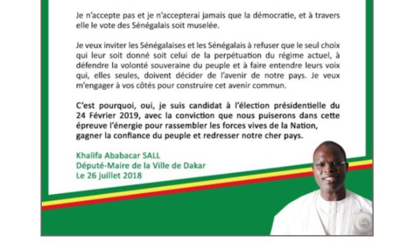 URGENT - Khalifa Sall franchit le Rubicon : "Je suis candidat à l'élection présidentielle du 24 février 2019" 