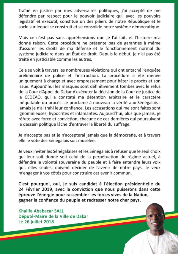 URGENT - Khalifa Sall franchit le Rubicon : "Je suis candidat à l'élection présidentielle du 24 février 2019" URGENT - Khalifa Sall franchit le Rubicon : "Je suis candidat à l'élection présidentielle du 24 février 2019"